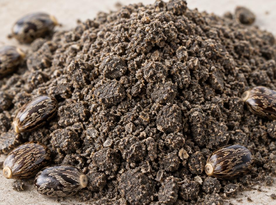 Dark castorseed meal with whole castor seeds