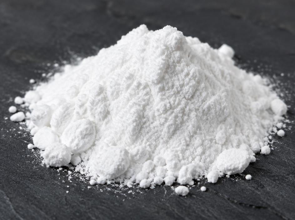 White sodium bicarbonate powder on dark slate