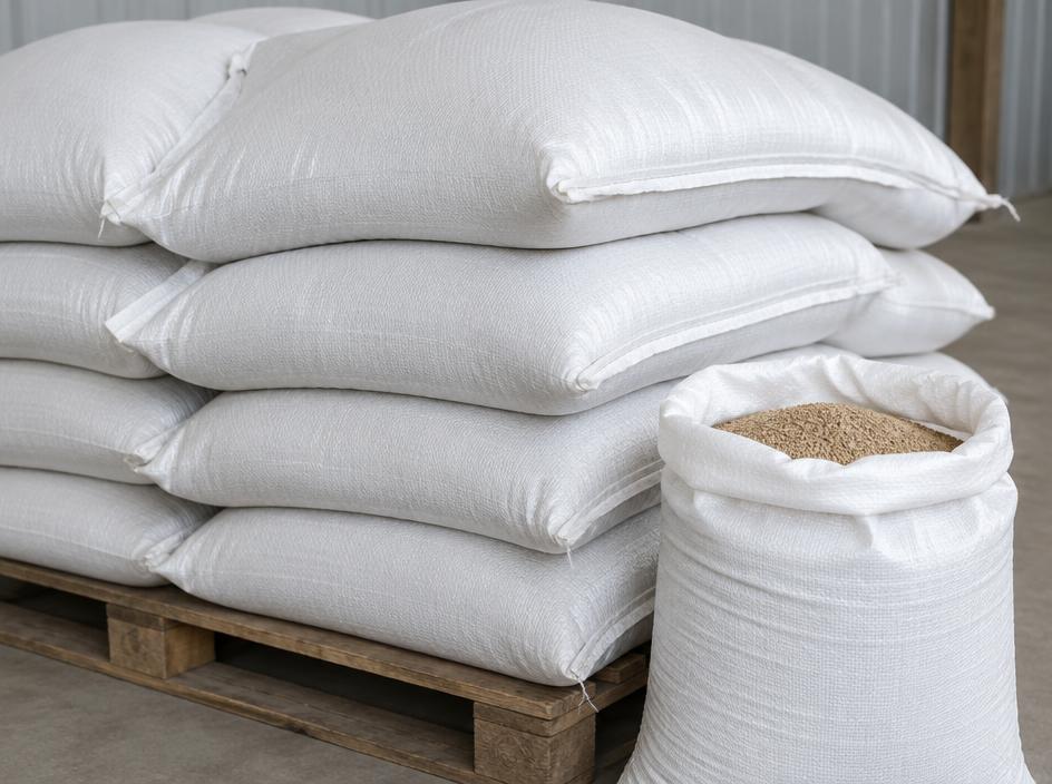 Stacked woven sacks of feed supplement